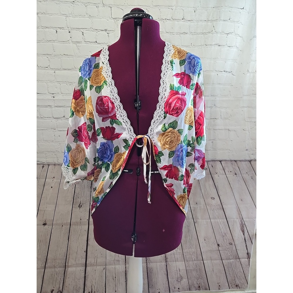 Vintage Vibrant Floral Robe Short Kimono Sm Sheer Lace Trim CottageCore